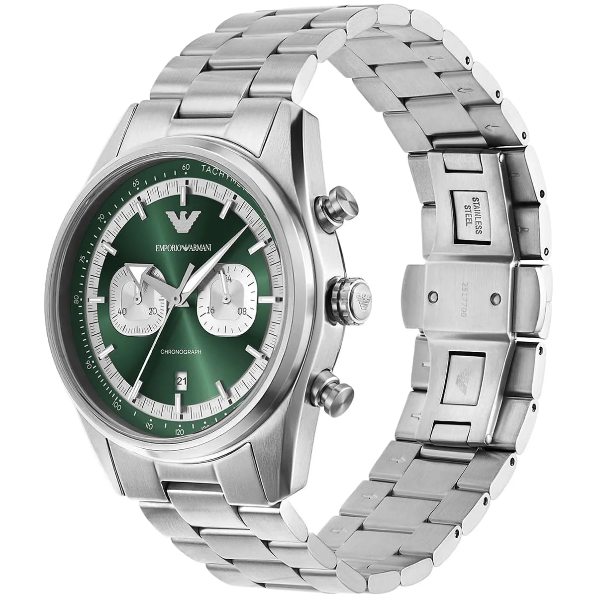 Right angled view of Emporio Armani Racer AR11637 men's quartz battery watch highlighting silver finish and chronograph details