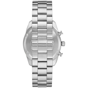 Caseback of Emporio Armani Racer AR11637 men's quartz battery watch showing technical specs green dial and metal bracelet