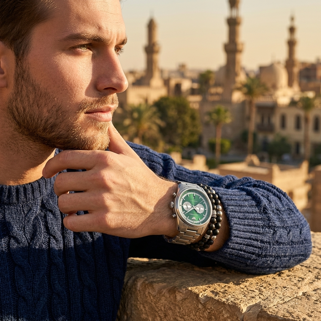 Elegant man wearing Emporio Armani Racer AR11637 men's quartz battery watch with silver-tone case and luxury metal bracelet