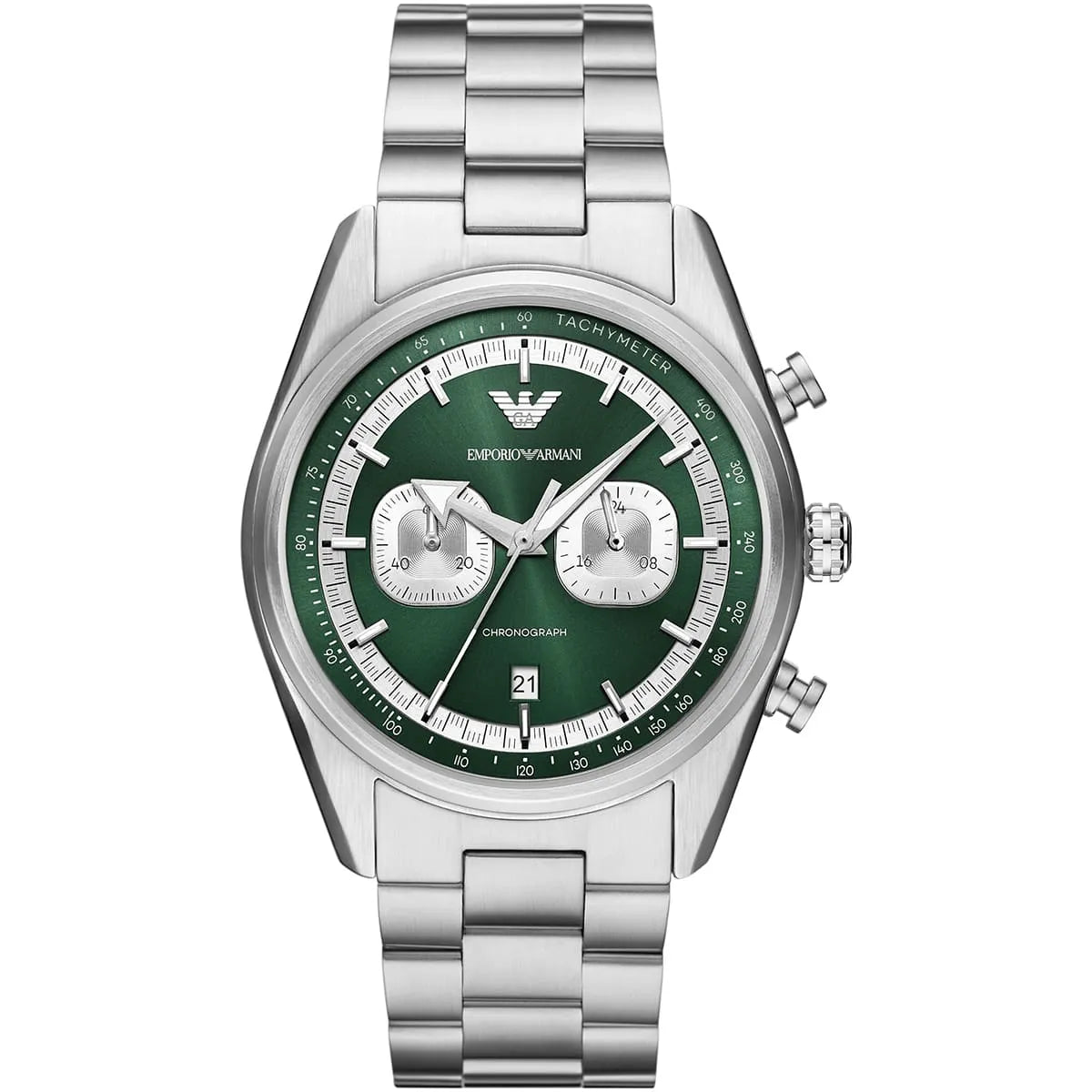 Emporio Armani Racer AR11637 men's quartz battery watch with green dial, silver-tone case, silver stainless steel bracelet main view