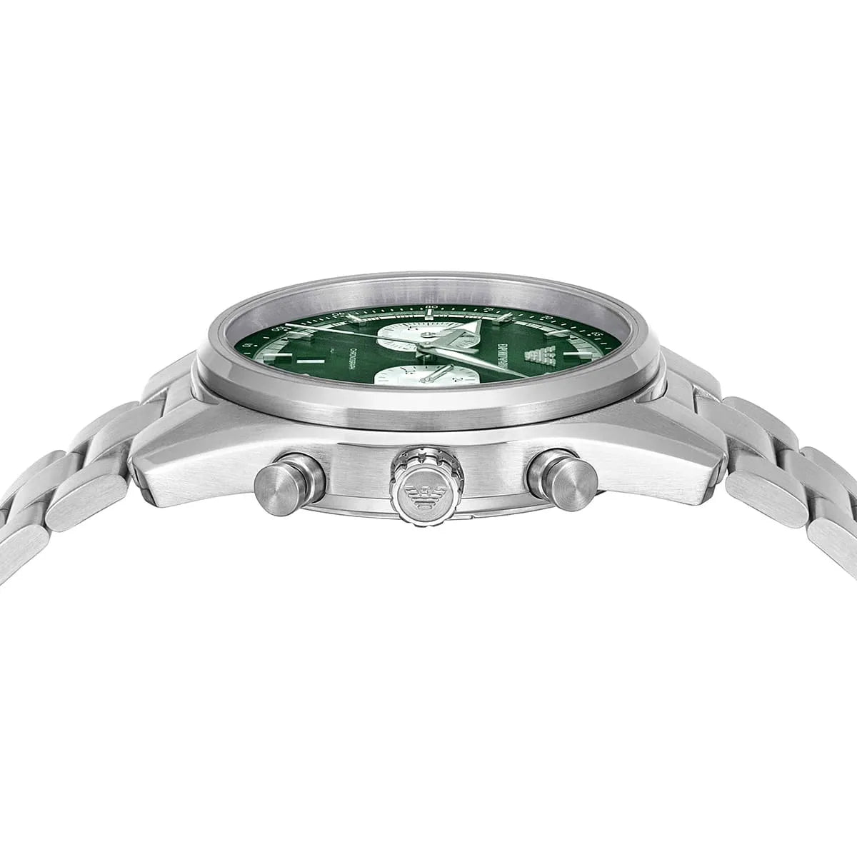 Side profile of Emporio Armani Racer AR11637 men's quartz battery watch showing 11mm thickness and silver finish