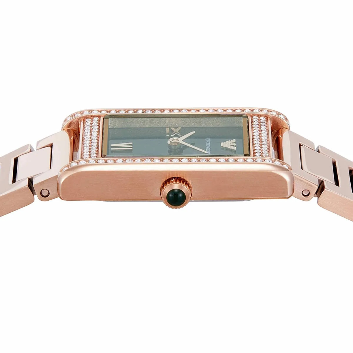 Side view of Emporio Armani AR11641 showing slim rose gold rectangular case and green stone crown