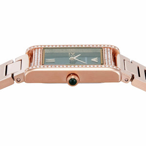 Side view of Emporio Armani AR11641 showing slim rose gold rectangular case and green stone crown