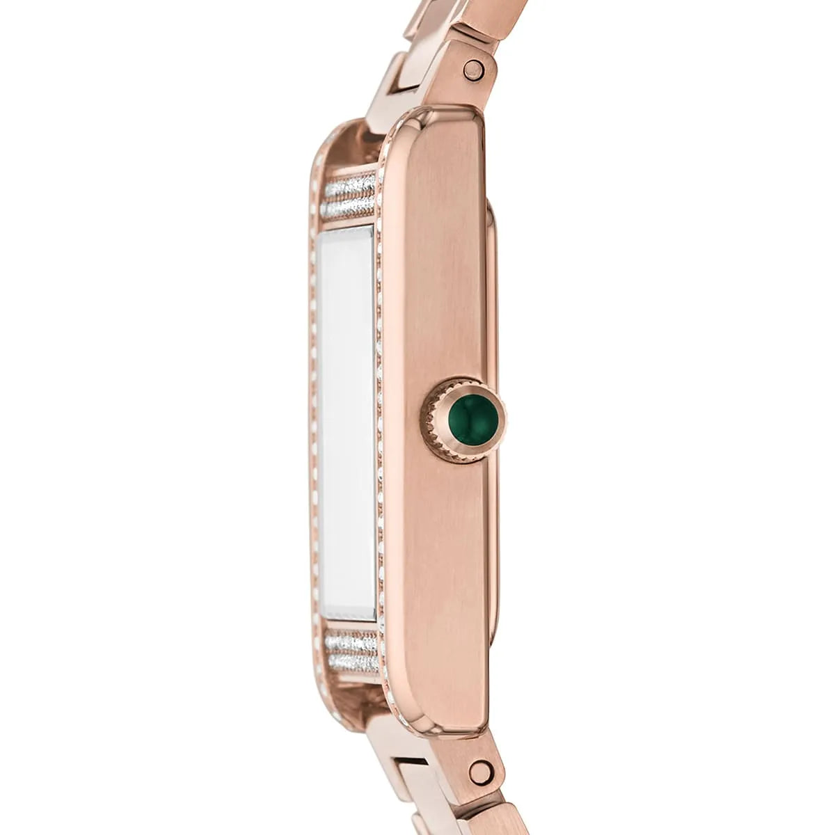Side view of Emporio Armani AR11641 showing slim rose gold rectangular case and green stone crown