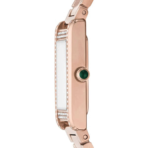 Side view of Emporio Armani AR11641 showing slim rose gold rectangular case and green stone crown