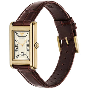 Angled shot of the Emporio Armani AR11665 showing the elegant vintage rectangular design