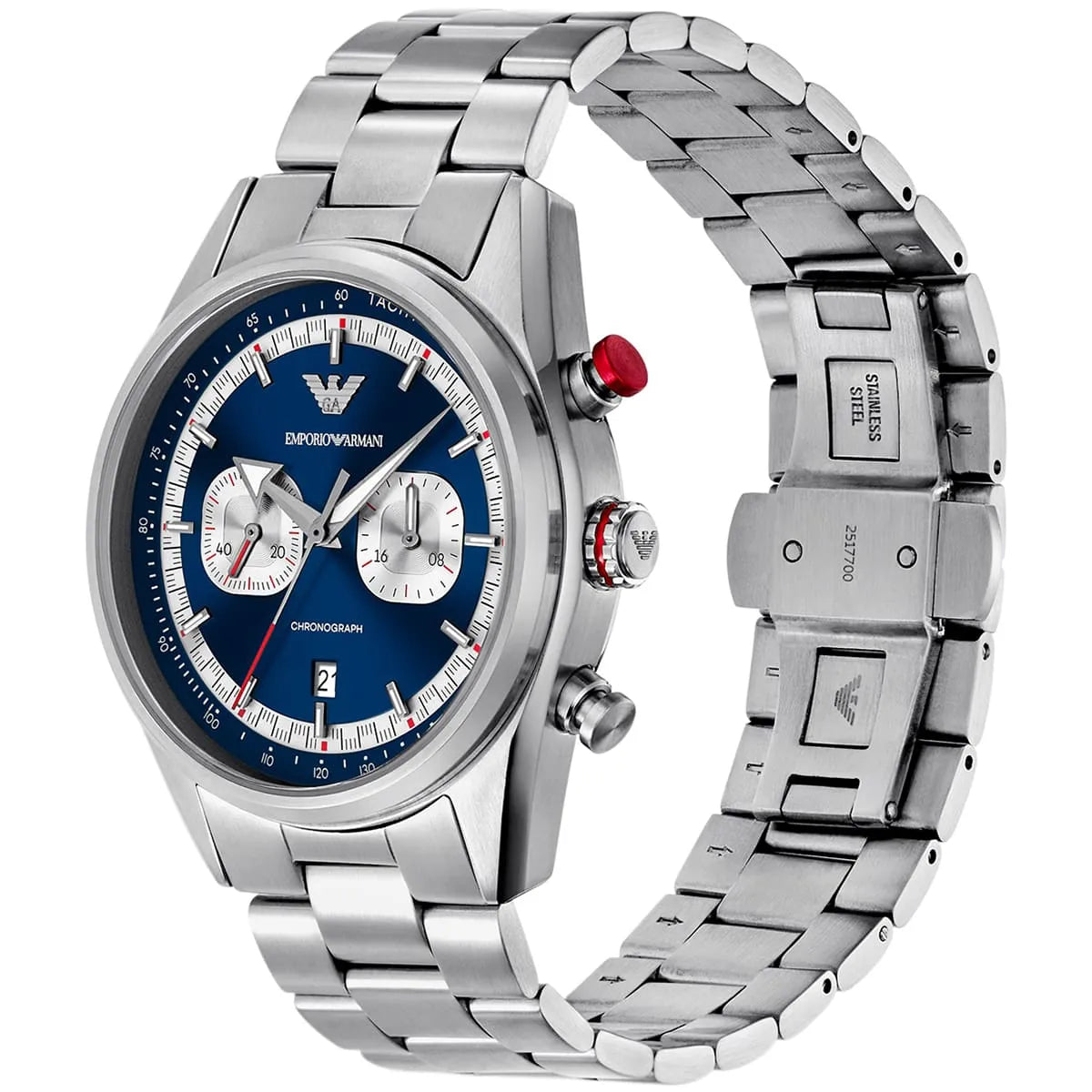 Right angled view of Emporio Armani Racer AR11676 men's quartz battery watch highlighting silver finish and chronograph details