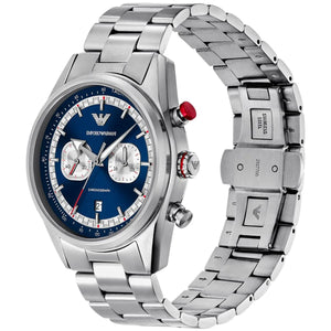 Right angled view of Emporio Armani Racer AR11676 men's quartz battery watch highlighting silver finish and chronograph details