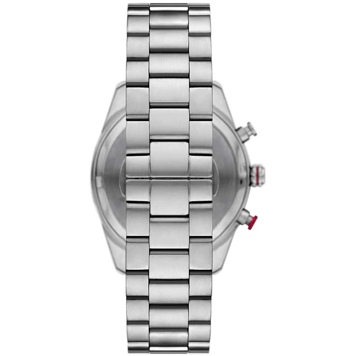 Caseback of Emporio Armani Racer AR11676 men's quartz battery watch showing technical specs blue dial and metal bracelet