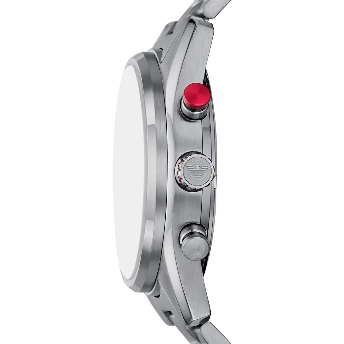 Detailed view of silver-tone crown and red-accented pushers on Emporio Armani Racer AR11676 men's quartz battery watch with blue dial