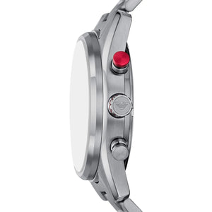 Detailed view of silver-tone crown and red-accented pushers on Emporio Armani Racer AR11676 men's quartz battery watch with blue dial