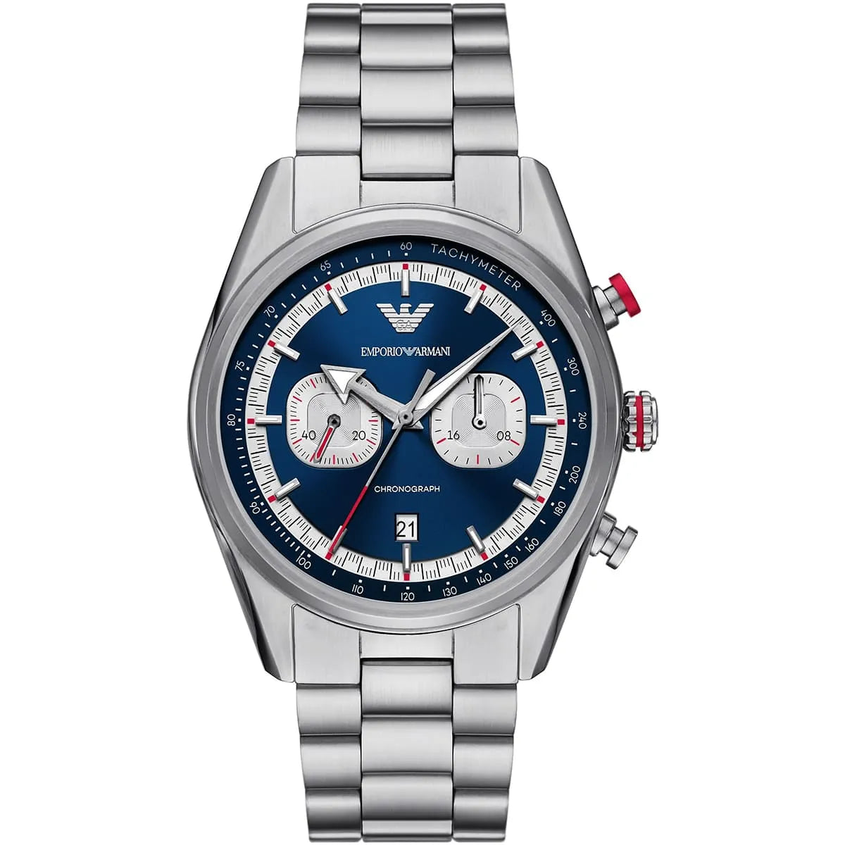 Emporio Armani Racer AR11676 men's quartz battery watch with blue dial, silver-tone case, silver stainless steel bracelet main view