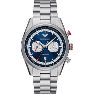 Emporio Armani Racer AR11676 men's quartz battery watch with blue dial, silver-tone case, silver stainless steel bracelet main view
