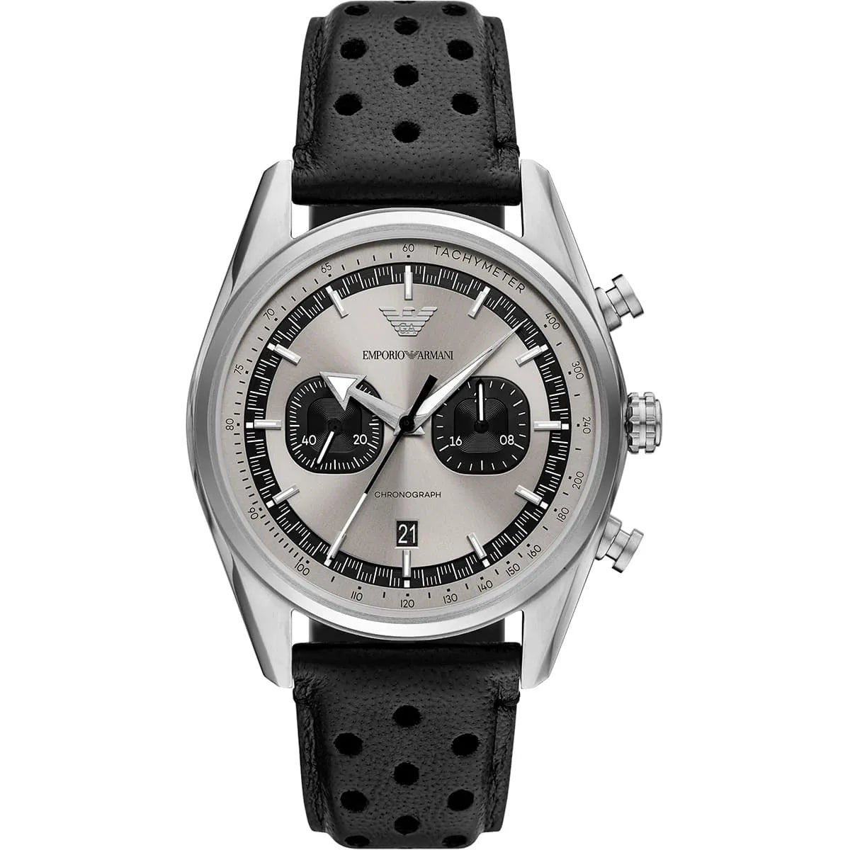 Emporio Armani Racer AR11677 men's quartz battery watch with silver dial, silver-tone case, perforated black leather strap main view