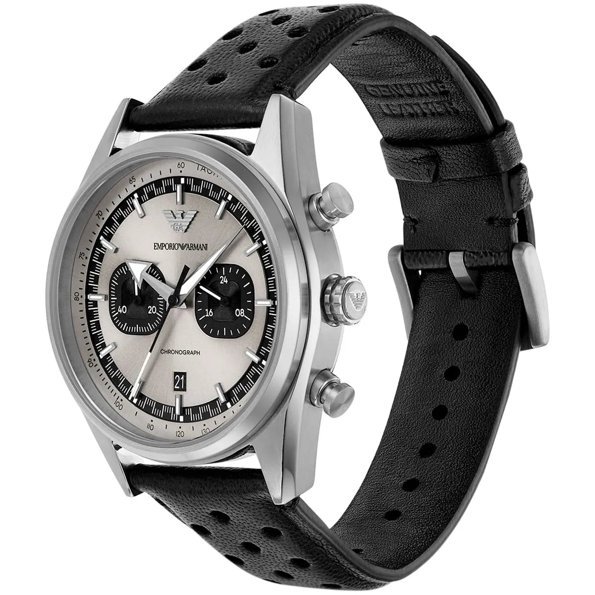 Right angled view of Emporio Armani Racer AR11677 men's quartz battery watch highlighting silver finish and chronograph details