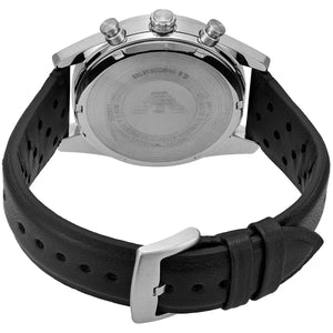 Caseback of Emporio Armani Racer AR11677 men's quartz battery watch showing technical specs silver dial and leather strap
