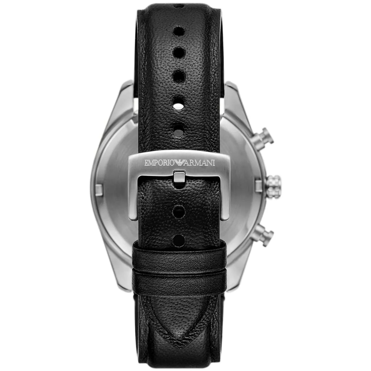 Silver-tone buckle clasp on Emporio Armani Racer AR11677 men's quartz battery black leather strap watch
