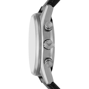 Side profile of Emporio Armani Racer AR11677 men's quartz battery watch showing 11mm thickness and silver finish