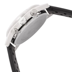 Left angled view of Emporio Armani Racer AR11677 men's quartz battery watch showing perforated leather strap and silver-tone case profile