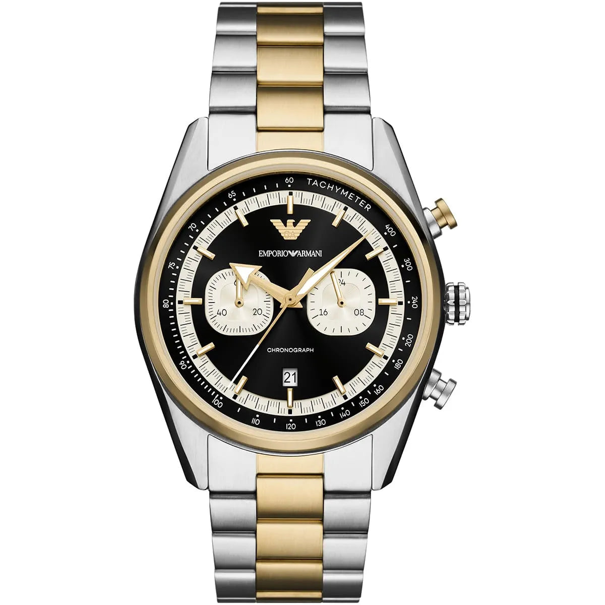 Emporio Armani Racer AR11678 men's quartz battery watch with black dial, two-tone silver and gold case, two-tone stainless steel bracelet main view