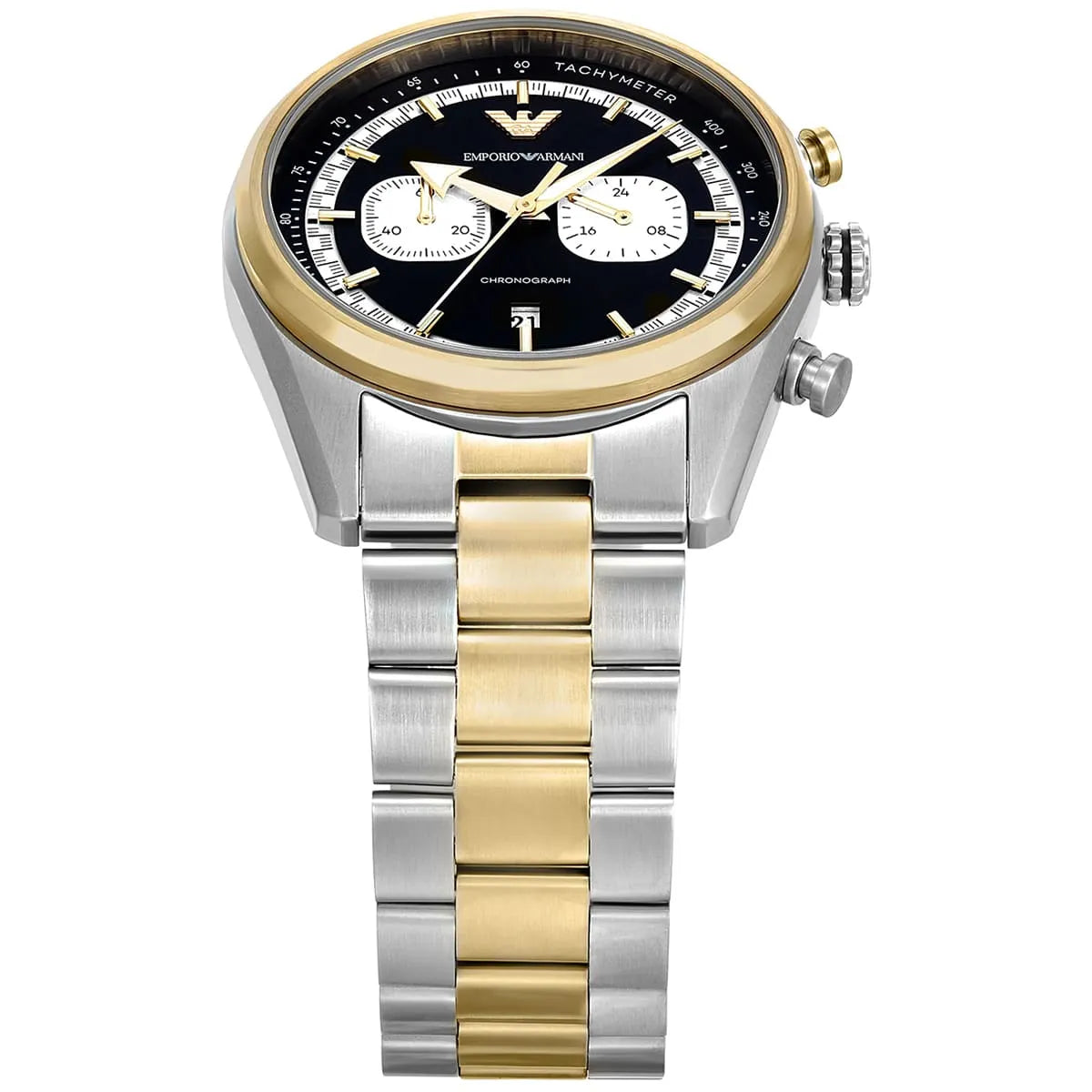 Right angled view of Emporio Armani Racer AR11678 men's quartz battery watch highlighting gold bezel and chronograph details