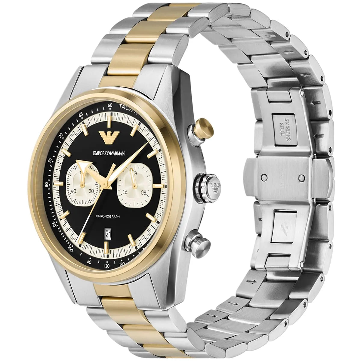 Right angled view of Emporio Armani Racer AR11678 men's quartz battery watch highlighting gold bezel and chronograph details