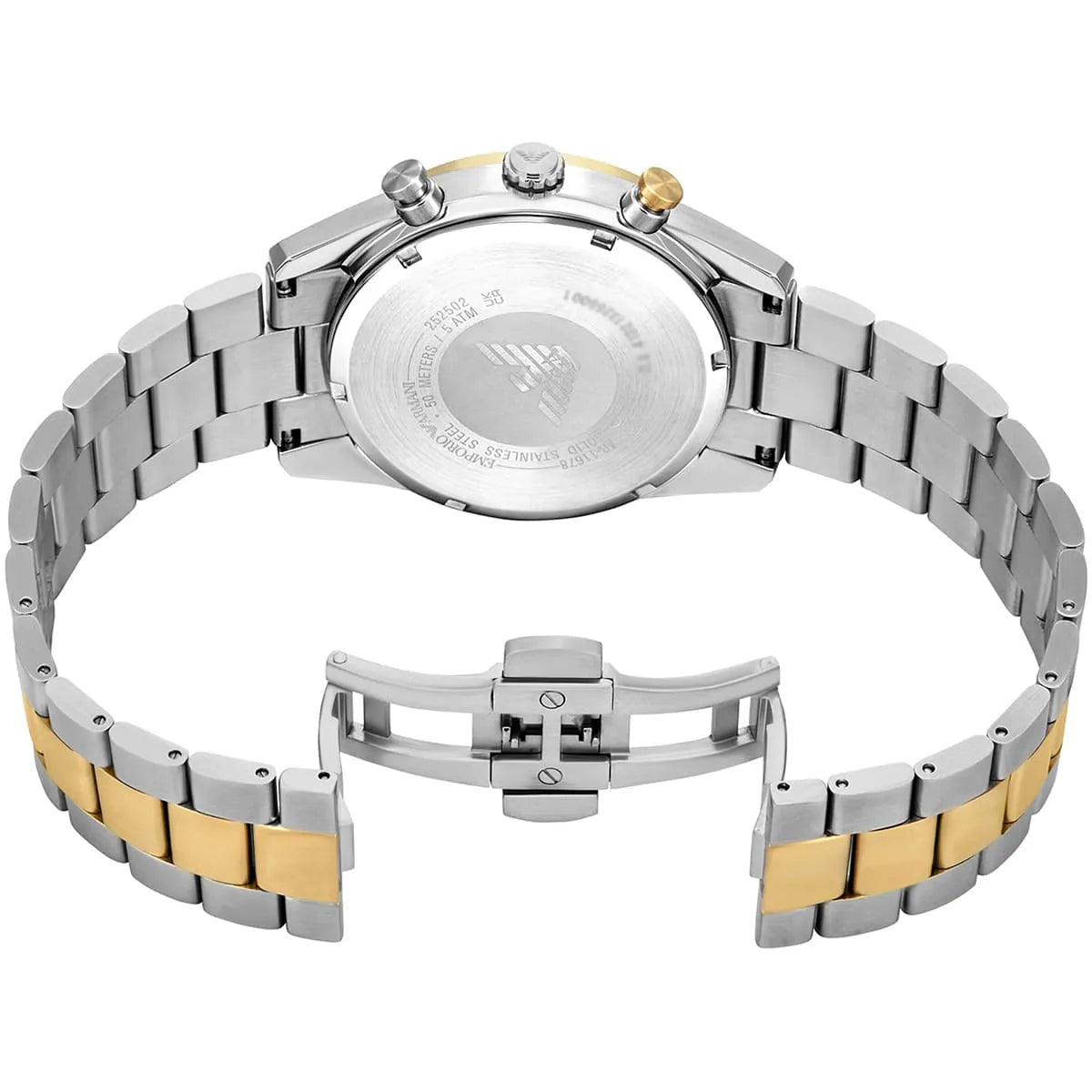 Caseback of Emporio Armani Racer AR11678 men's quartz battery watch showing technical specs black dial and metal bracelet