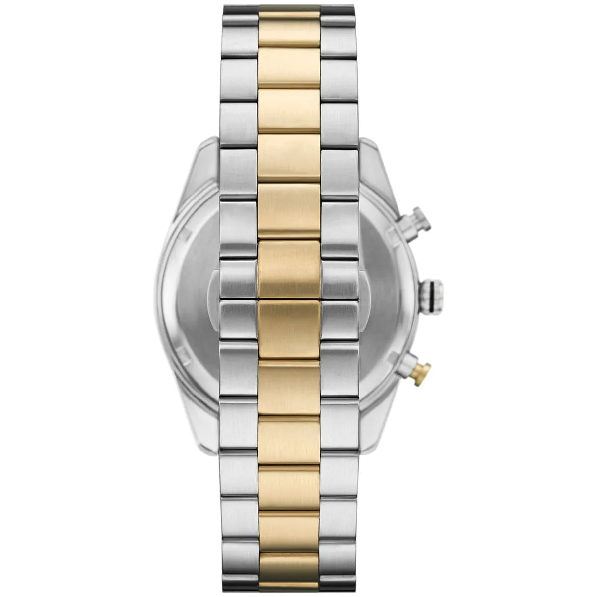 Detailed view of silver-tone crown and gold-tone pushers on Emporio Armani Racer AR11678 men's quartz battery watch with black dial