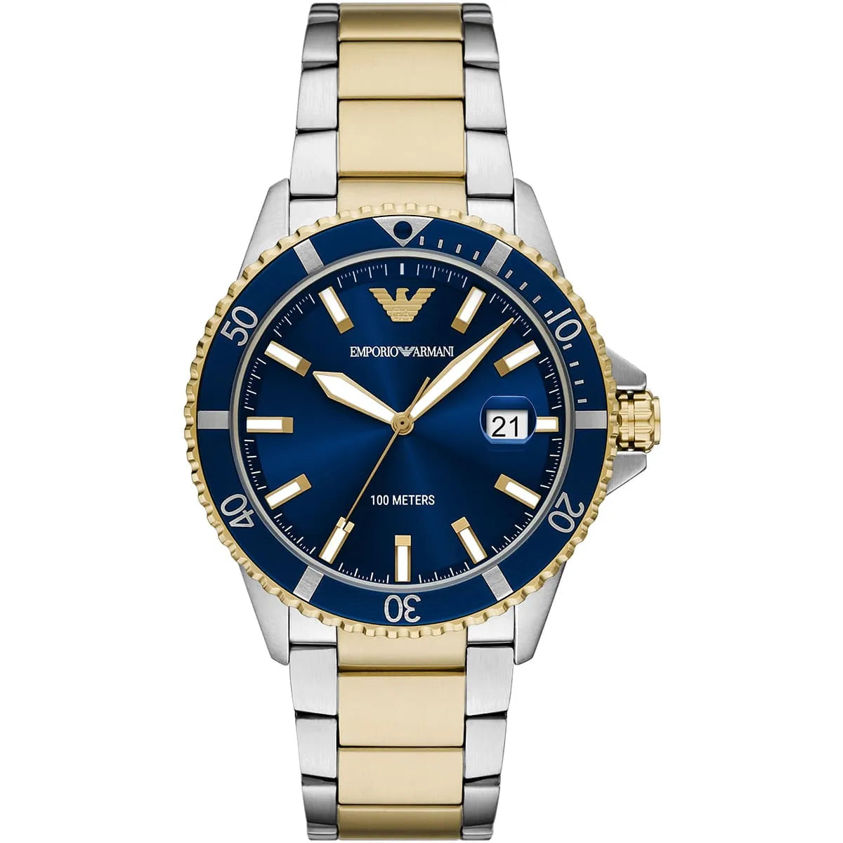 Emporio Armani World Explorer AR11682 men's quartz battery watch with blue dial, two-tone silver and gold case, two-tone stainless steel bracelet main view