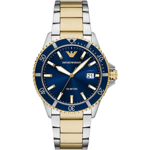 Emporio Armani World Explorer AR11682 men's quartz battery watch with blue dial, two-tone silver and gold case, two-tone stainless steel bracelet main view