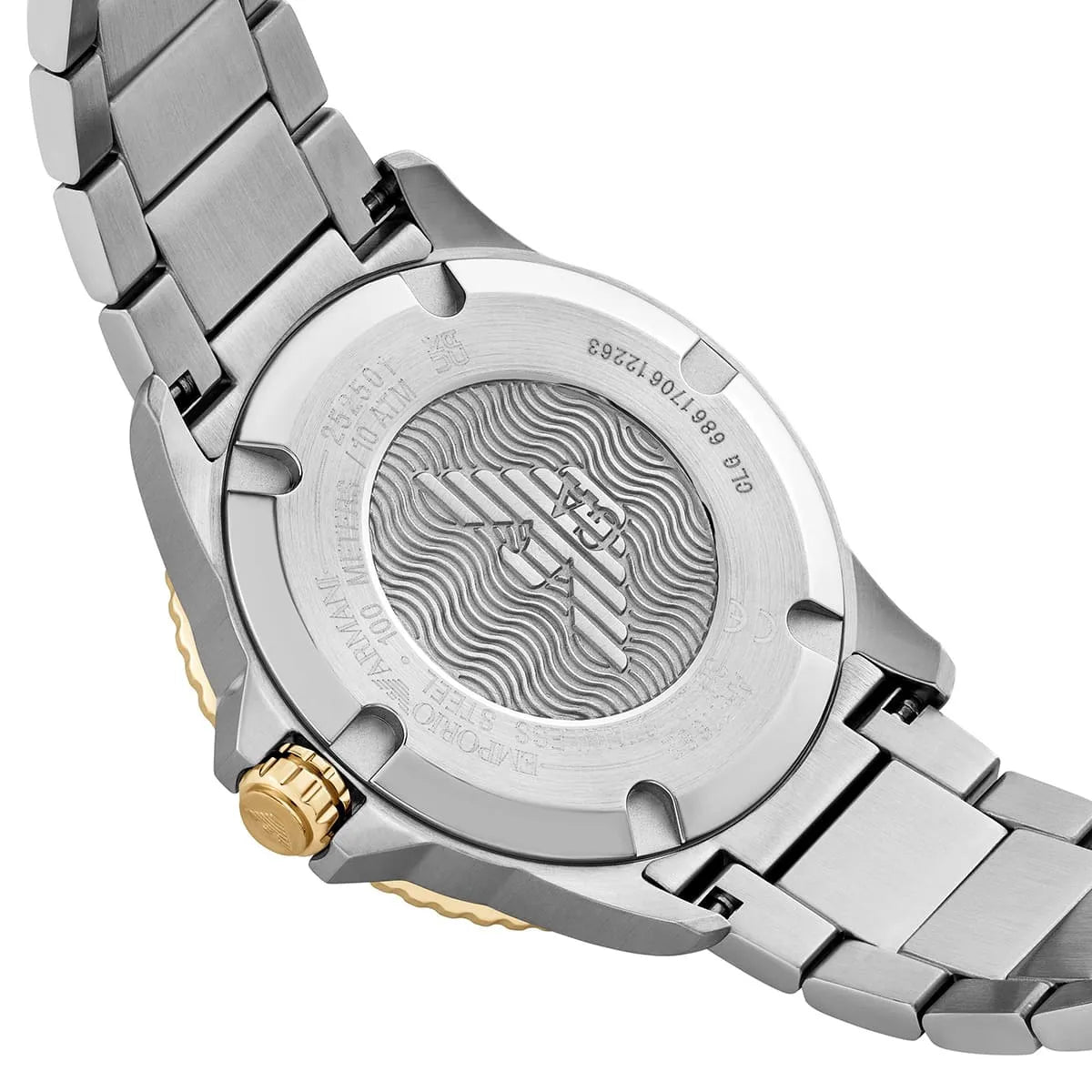 Caseback of Emporio Armani World Explorer AR11682 men's quartz battery watch showing technical specs 100m water resistance and two-tone bracelet