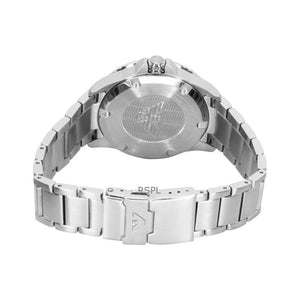 Caseback of Emporio Armani World Explorer AR11683 men's quartz battery watch showing technical specs 100m water resistance and silver bracelet