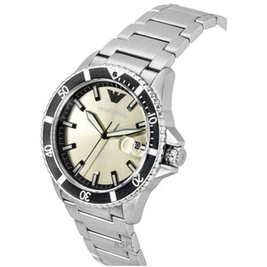 Side profile of Emporio Armani World Explorer AR11683 men's quartz battery watch showing 12mm thickness and silver finish