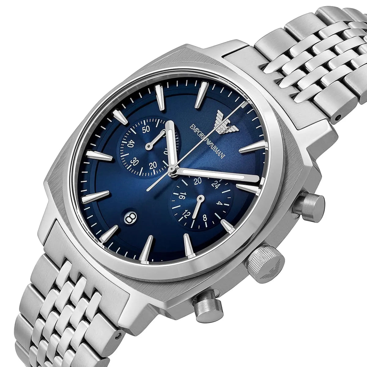 Left angled view of Emporio Armani Carlo AR11688 men's quartz battery watch showing silver multi-link bracelet and case profile