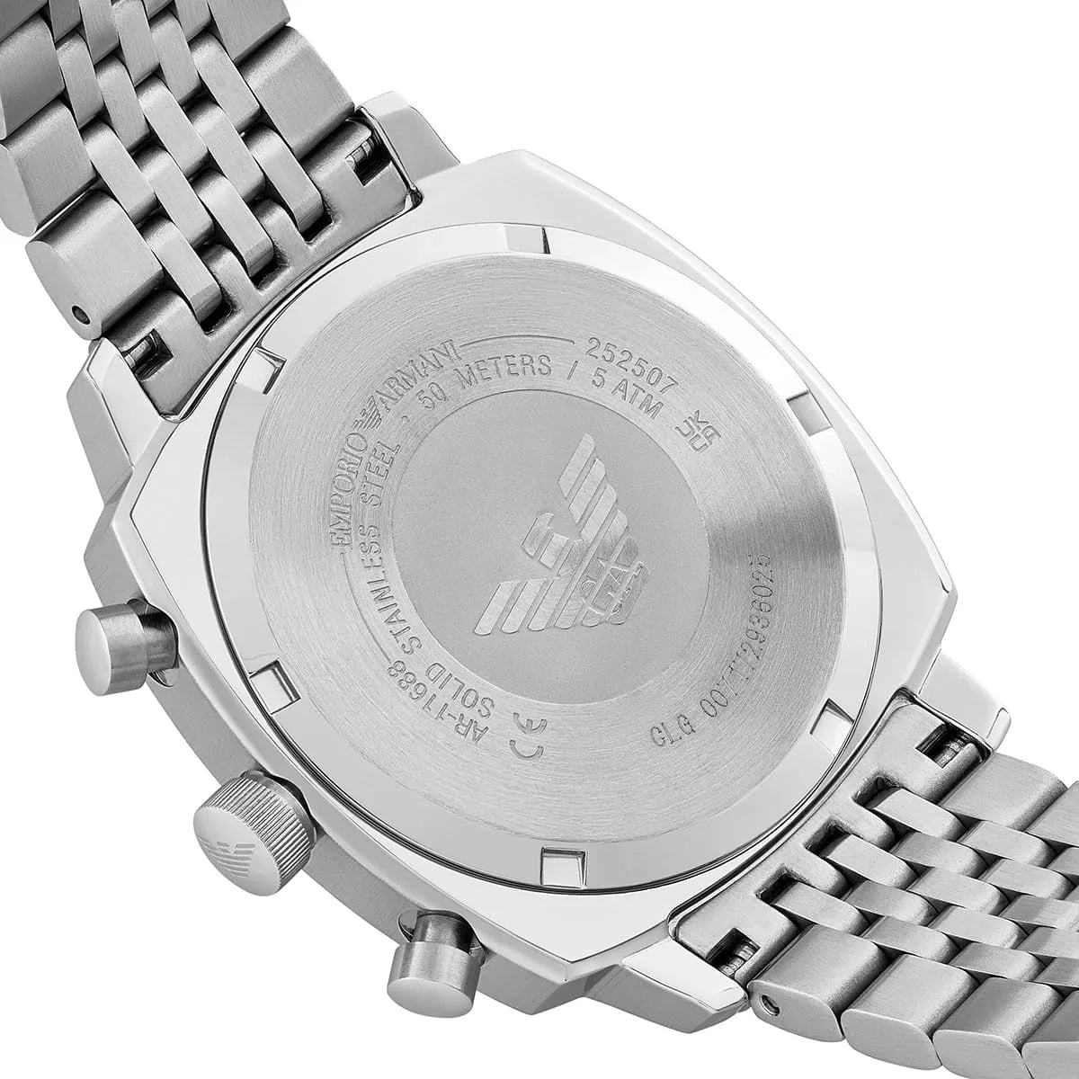 Caseback of Emporio Armani Carlo AR11688 men's quartz battery watch showing technical specs 50m water resistance and metal strap