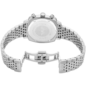 Silver-tone deployment clasp on Emporio Armani Carlo AR11688 men's quartz battery silver multi-link bracelet watch