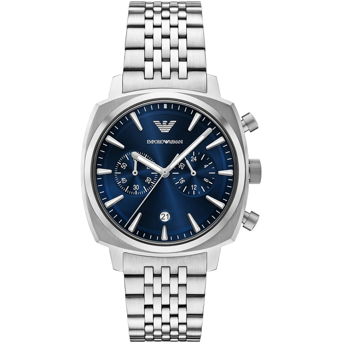 Emporio Armani Carlo AR11688 men's quartz battery watch with blue sunray dial, silver-tone chronograph sub-dials, cushion-shaped silver case, stainless steel multi-link bracelet main view