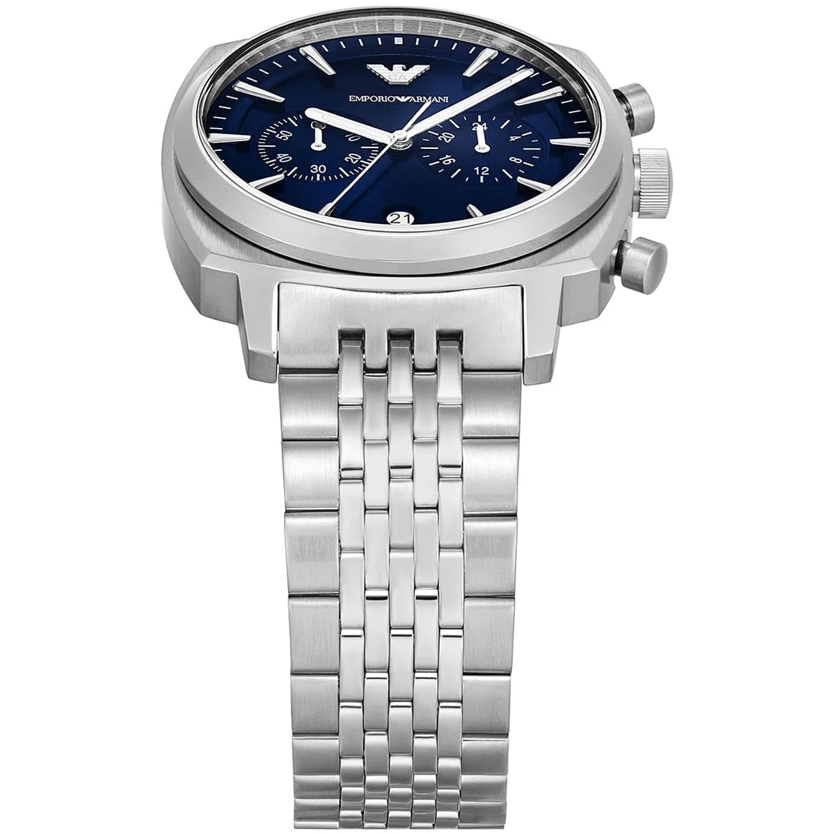 Side profile of Emporio Armani Carlo AR11688 men's quartz battery watch showing 11mm thickness and silver stainless steel finish