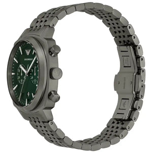 Left angled view of Emporio Armani Carlo AR11689 men's quartz battery watch showing grey multi-link bracelet and stealth grey case profile