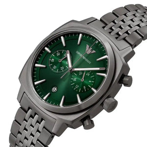 Right angled view of Emporio Armani Carlo AR11689 men's quartz battery watch highlighting gunmetal finish and cushion case details