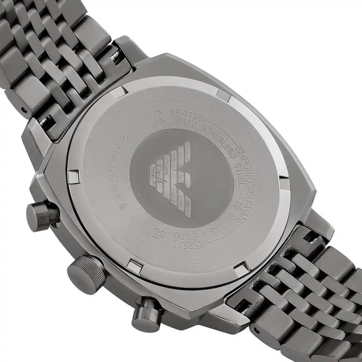 Caseback of Emporio Armani Carlo AR11689 men's quartz battery watch showing technical specs 50m water resistance and metal strap