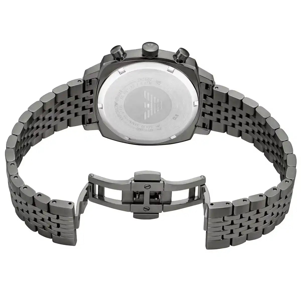 Gunmetal grey deployment clasp on Emporio Armani Carlo AR11689 men's quartz battery grey multi-link bracelet watch