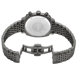 Gunmetal grey deployment clasp on Emporio Armani Carlo AR11689 men's quartz battery grey multi-link bracelet watch