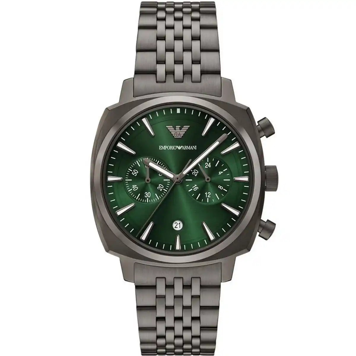 Emporio Armani Carlo AR11689 men's quartz battery watch with green sunray dial, silver-tone chronograph sub-dials, cushion-shaped gunmetal grey case, grey stainless steel multi-link bracelet main view