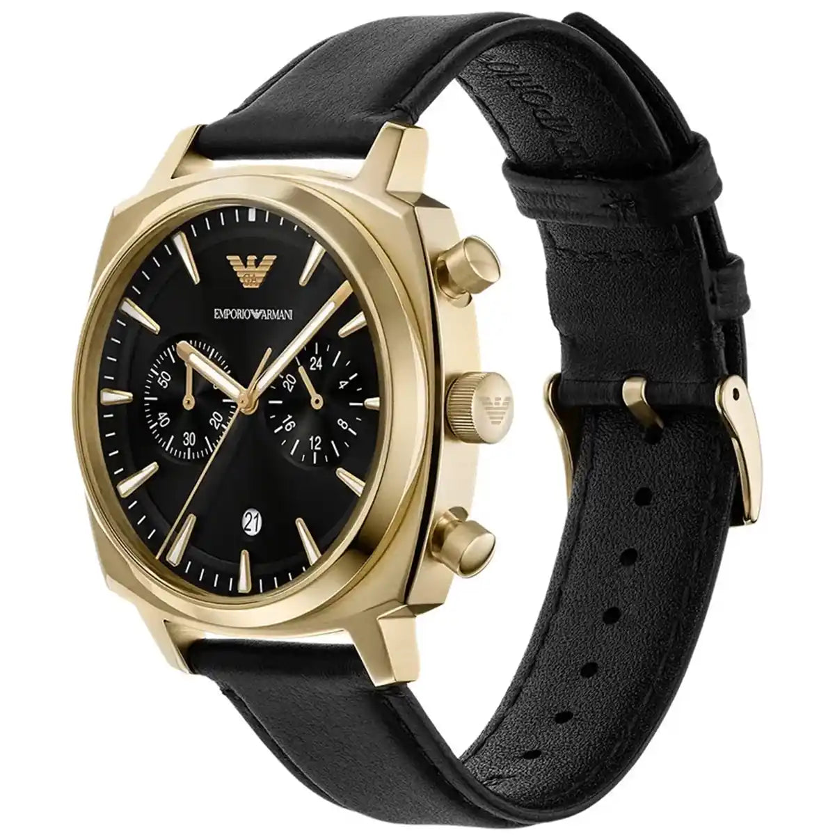 Left angled view of Emporio Armani Carlo AR11690 men's quartz battery watch showing black leather strap and gold case profile