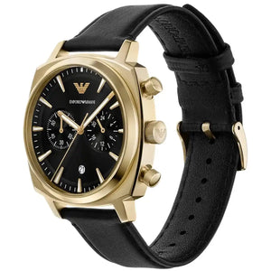 Left angled view of Emporio Armani Carlo AR11690 men's quartz battery watch showing black leather strap and gold case profile