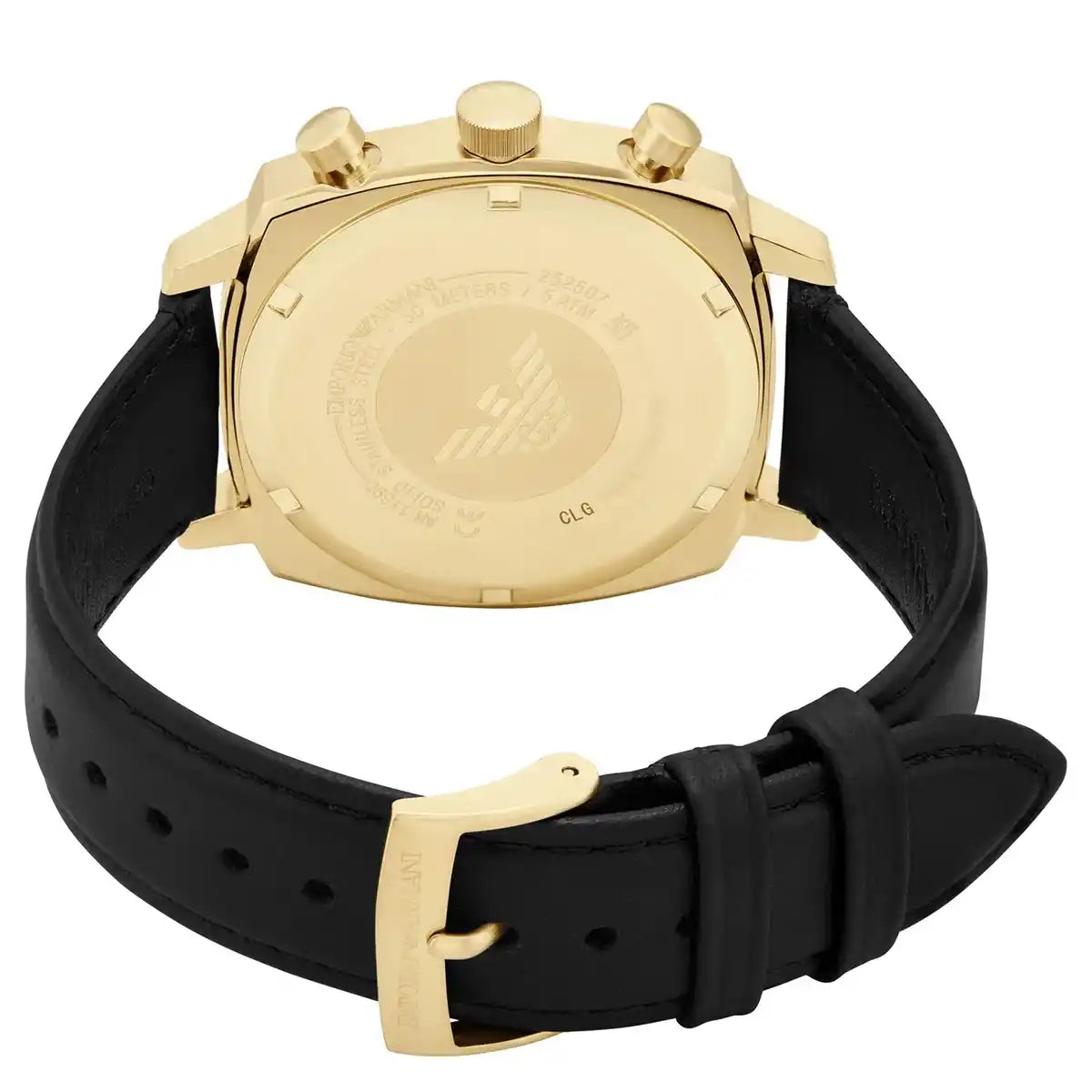 Caseback of Emporio Armani Carlo AR11690 men's quartz battery watch showing technical specs 50m water resistance and leather strap