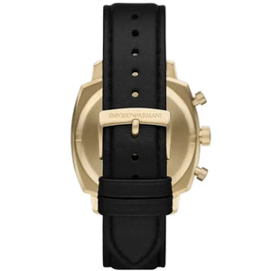 Gold-tone buckle clasp on Emporio Armani Carlo AR11690 men's quartz battery black leather strap watch