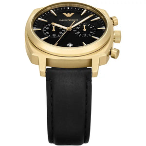 Detailed view of gold-tone crown and professional pushers on Emporio Armani Carlo AR11690 men's quartz battery watch