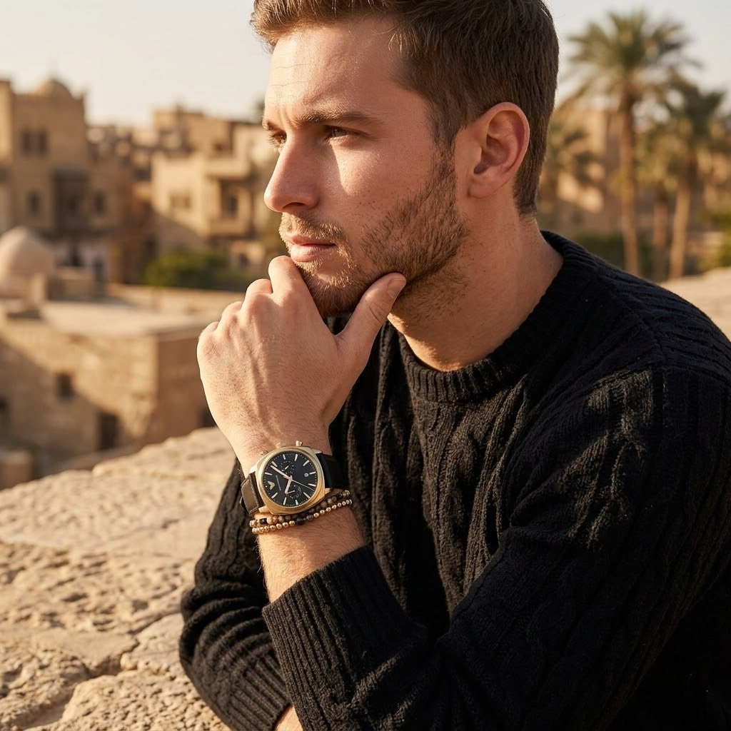 Elegant man wearing Emporio Armani Carlo AR11690 men's quartz battery watch with gold cushion case and luxury black leather strap